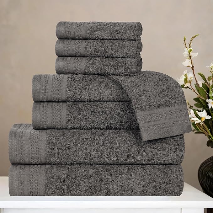 Superior Honeycomb Cotton Medium Weight Towels, for Guest Bath, Master Bathroom, Shower, Quick Dry, Adults, Home Essentials, Textured Waffle Border, Assorted Towel Set, 8 Piece Towel Set, Gunmetal