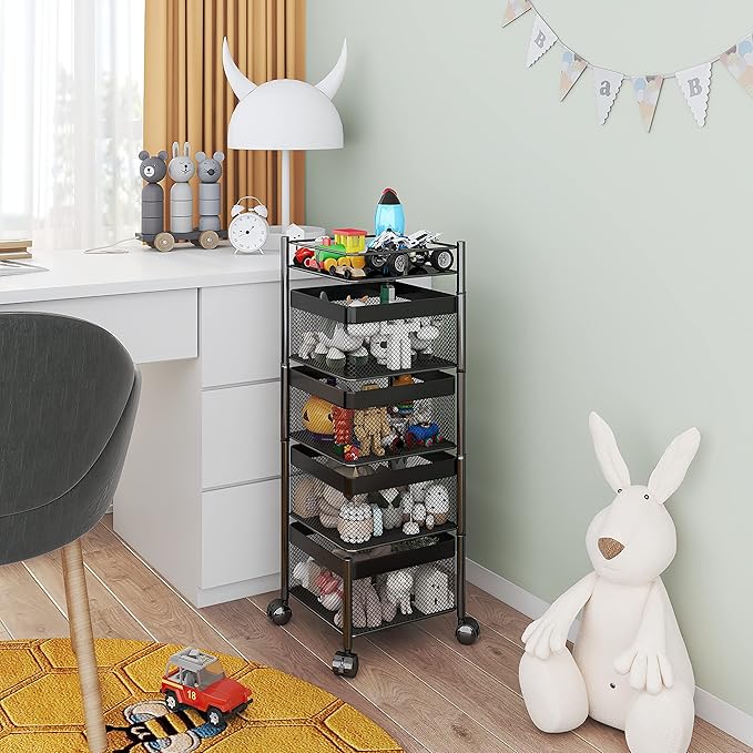 Rotating Kitchen Storage Rack，Bathroom Shelf，Kitchen Organization and Storage，Bathroom Storage Organizer，Fruit Basket，Rolling Carts with Wheels(Black, 4 Tier-Square)