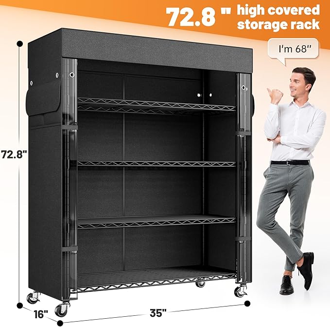 REIBII 72.8" H Storage Shelves with Wheels Wire Shelving Cover Heavy Duty Metal Shelving for Dorm Storage Shelves, Garage Storage Rack Shelf Commercial Shelving,35" W*16" D*72.8" H