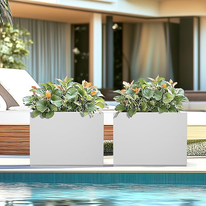 Large Rectangle Planter Metal White Planter Box with a Drainage Hole and a Removable Divider Indoor Outdoor Porch Pots for Tall Plants, Trees, Flowers 35.43" x 9.06" x 25.59" White