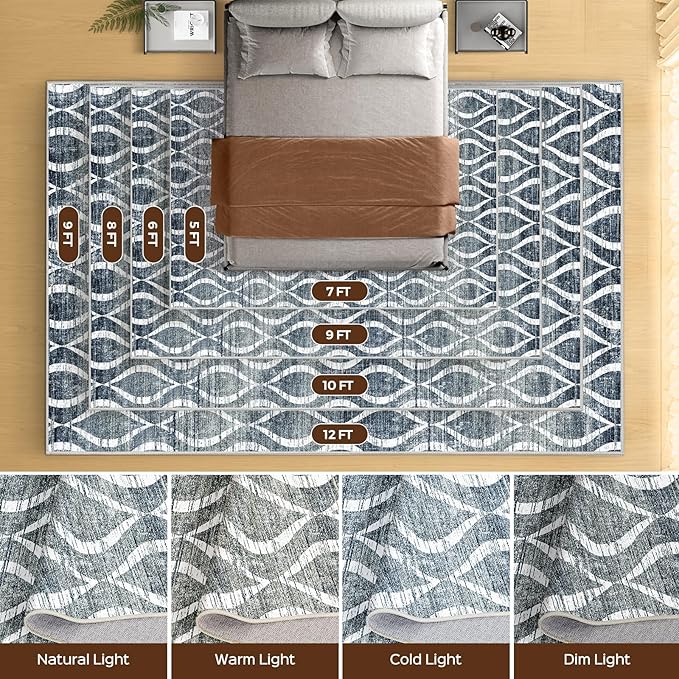WITSHOCK Area Rugs 6x9: Washable Non Shedding Geometric Low Pile Boho Print Large Thin Indoor Rug for Living Room Bedroom Dining Room, Carpet for Nursery Playroom Decor, Eco-Friendly, Dark Blue