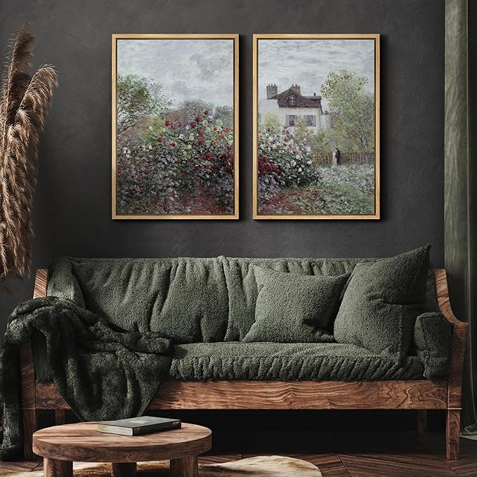 MUDECOR Framed Canvas Print Wall Art Blooming Garden and Cottage Romantic Floral Landscape Nature Wilderness Illustrations Realism Decorative for Living Room, Bedroom, Office - 24"x36"x2 Natural