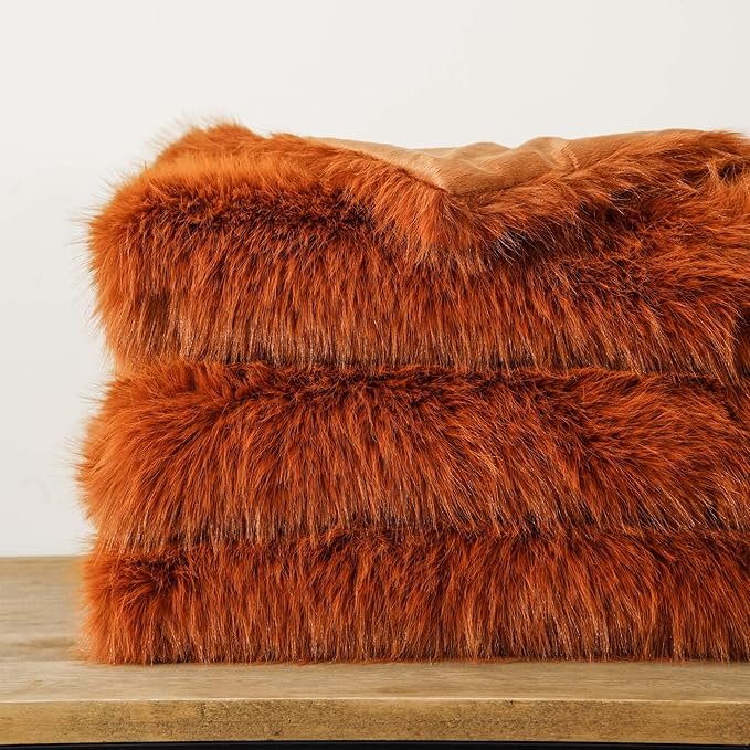BATTILO HOME Luxury Fall Faux Fur Throw Blanket, Orange Faux Fur Blanket for Couch, Home Decor, Fall Decor, Soft Fluffy Fur Throws with Long Pile, 50"x60"