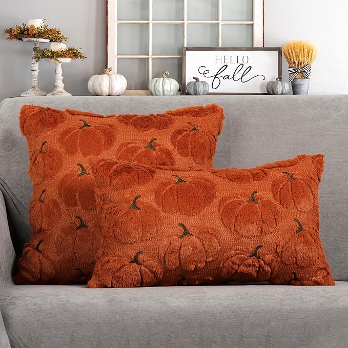 4TH Emotion Fall Pumpkins Decorative Lumbar Pillow Covers 12x20 Set of 2, Dark Rust Red Soft Plush Faux Fur Wool Farmhouse Throw Cushion Cases for Autumn Thanksgiving Holiday Home Decorations