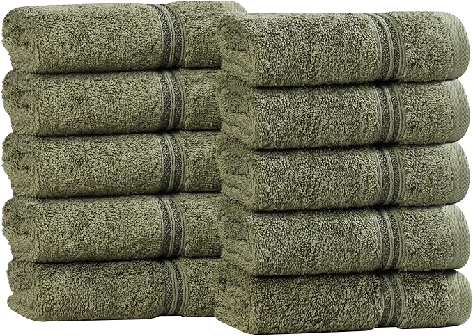 Superior Egyptian Cotton Face Towel/Washcloth Set, Small Towels for Home Bathroom, Master, Guest Bath, Decor Essentials, Quick Dry, Absorbent, Spa, Hotel, Resort, Adult, Kids, Set of 10, Forest Green
