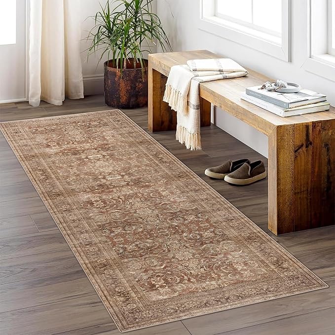 vivorug Brown Runner Rug 2x10 Machine Washable Rug with Non-Slip Backing, Ideal for Kitchen Hallway Entryway Laundry Room - Vintage, Durable, Easy Clean, Low Pile Carpet Runner