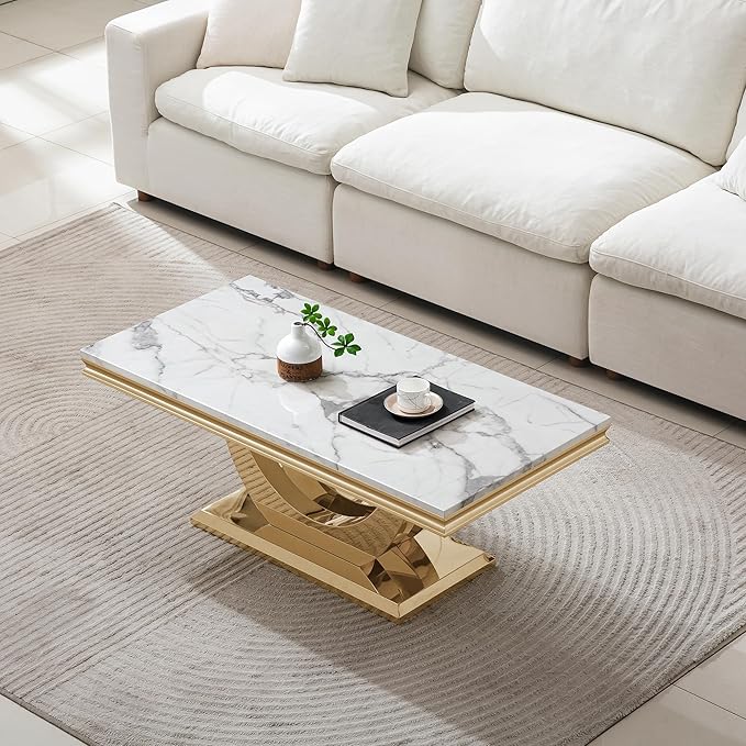 Modern Marble Coffee Table with Stainless Steel Pedestal, 47" Luxury Gold Coffee Tables for Living Room, Unique Faux Marble Cocktail Table Rectangle Funky Coffee Center Table for Living Room