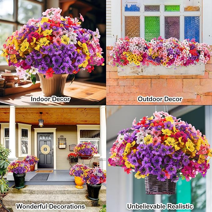 Zeyune 56 Bundles Artificial Flowers Fake UV Resistant for Outdoor Plastic Greenery Shrubs Plants No Fade Faux Flower for Garden Porch Patio Window Wedding Party Decor(6 Mixed Colors,Bright)
