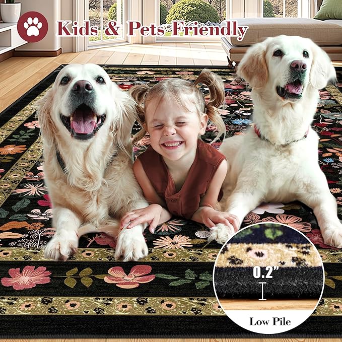 Deerly Living Room Rug 5x7 Rug Washable Vintage Boho Area Rug Non Slip Black Floral Soft Low Pile Thin Large Bedroom Floor Mat Indoor for Dining Room Playroom Nursery Farmhouse, Black/Multi