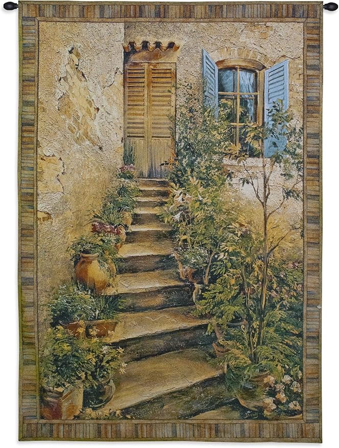 Tuscan Villa II by Roger Duvall | Woven Tapestry Wall Art Hanging | Rustic Italian Village Steps | 100% Cotton USA Size 34x26