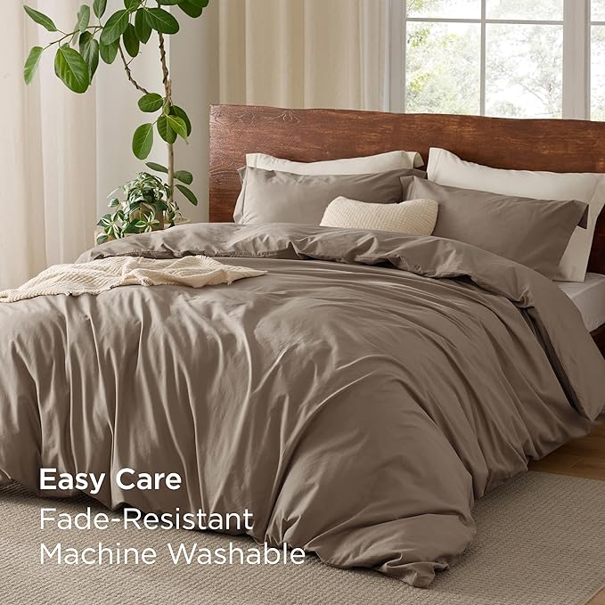 Bedsure 100% Washed Cotton Duvet Cover Oversized Queen - Muted Brown Minimalist Duvet Cover Linen Like - GentleSoft™ Plain Simple Bedding, 3 Pieces (Muted Brown, Oversized Queen, 98"x98")