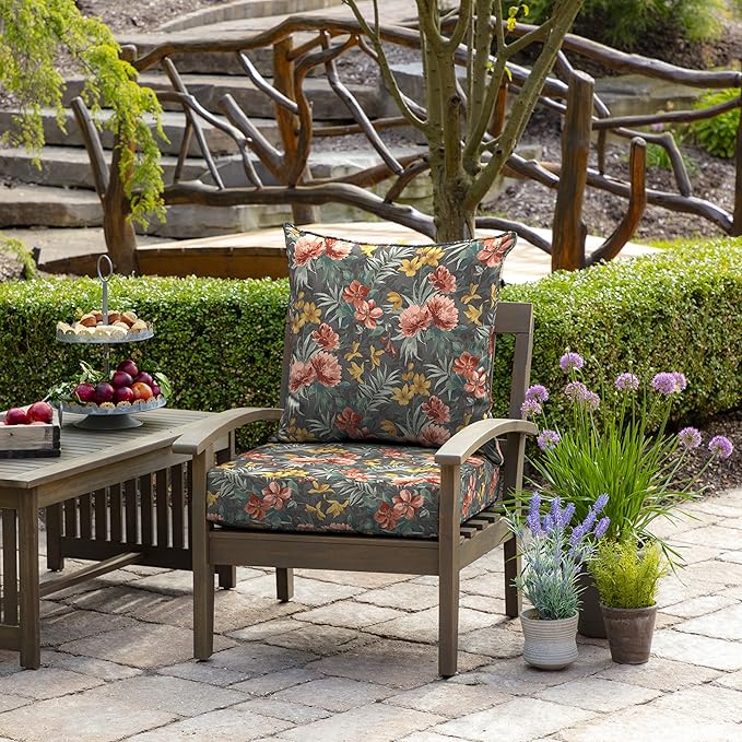 Arden Outdoor Deep Seat Cushion Set, 24 in x 24 in, Weather-Proof, Rain-Proof, Fade Resistant Patio Cushion for Chair, Sofa, and Couch Phoebe Grey Floral