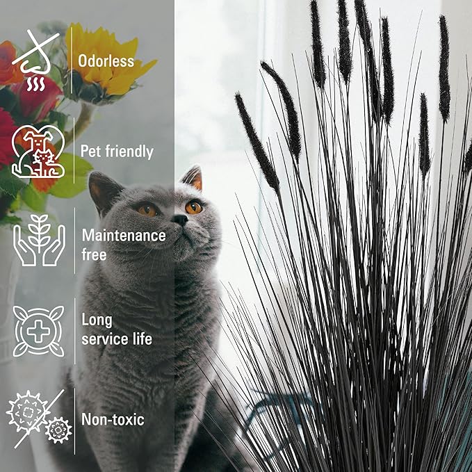 KOL Artificial 5ft Horsetail Reed Grass, 59in Tall Artificial Indoor Outdoor Fake Grass Plant, Home Office Décor Artificial Dogtail Grass in Pot Faux Plants Greenery, Wedding Decor - Black