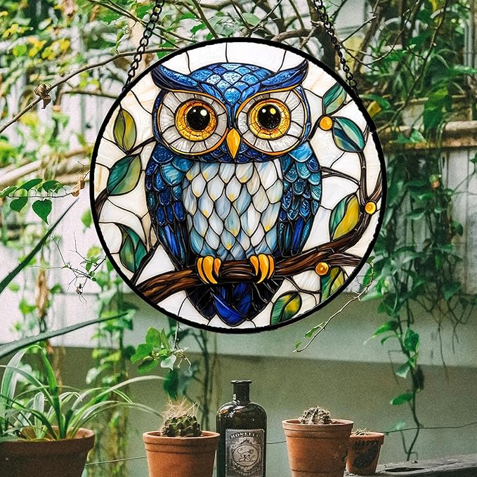 Stained Glass Window Hanging, Owl Gifts for Women Sun Catchers Diamond Glass Panel Hangings Birds Suncatcher Decor for Birthday for Women, Men, Wife, Aunt, and Mom 14.9x14.9 in
