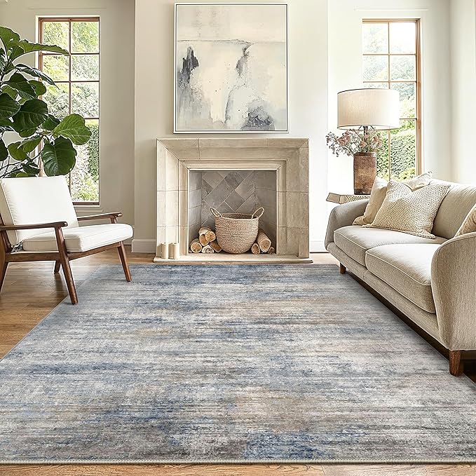 GENIMO Washable Area Rugs for Living Room Bedroom, 6X9 Modern Abstract Non Slip Rug, Low Pile Soft Contemporary Indoor Floor Carpet Cover for Dinning Room Kitchen, Denim Blue Gray