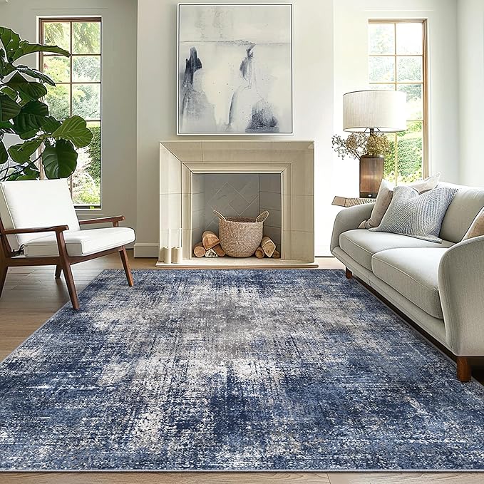 GENIMO Washable Area Rugs for Living Room Bedroom, 9x12 Modern Abstract Non Slip Rug, Low Pile Soft Contemporary Indoor Floor Carpet Cover for Dining Room Kitchen, Blue&Gray