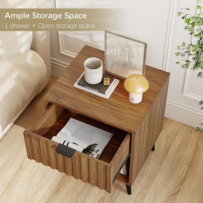 Fluted Nightstand, Natural Wood Nightstand with Drawer and Open Storage, Mid Century Fluted Side Table Modern Bedside Stand with Wood Veneer for Bedroom, Office, Walnut&Brown