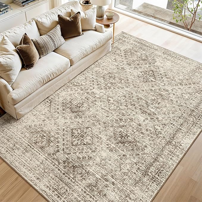 MIULEE 8x10 Vintage Washable Area Rugs Living Room Rug Low Pile Boho Farmhouse Floor Mat for Bedroom Dining Room Under Kitchen Table, Non-Slip Stain Resistant Soft Large Carpet for Home Decor, Brown