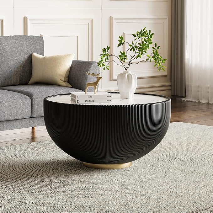 29.53" Round Coffee Table Luxury Cup Shape Leather Coffee Tables, Circle Sofa Couch Table PU Leather, Modern White Marble Top Drum Bowl Living Room Tables for Living Room Bedroom Apartment