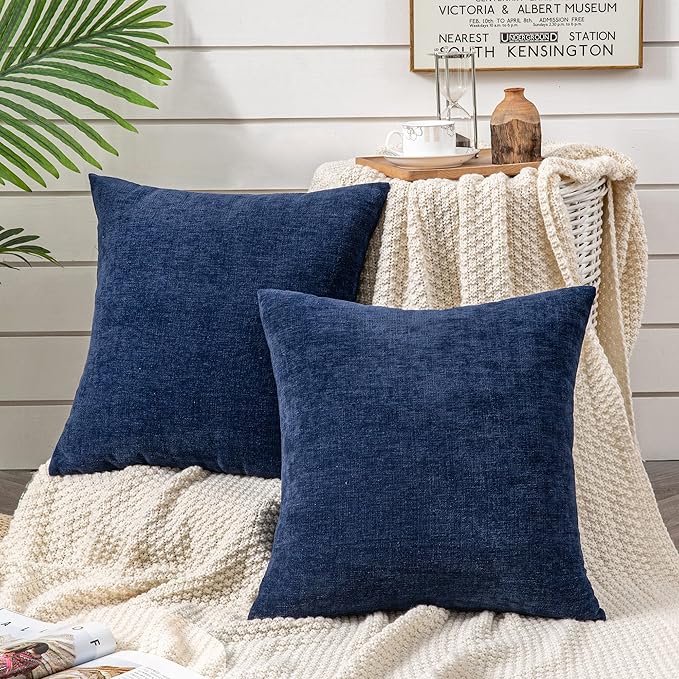 GAWAMAY Decorative Square Throw Pillow Covers 18"x18" Inch Set of 2, Super Soft Chenille Pillows Cover Fall Pillowcase for Living Room Bedroom Sofa Couch Cushion Cover Navy Blue 45x45cm (Only Covers)
