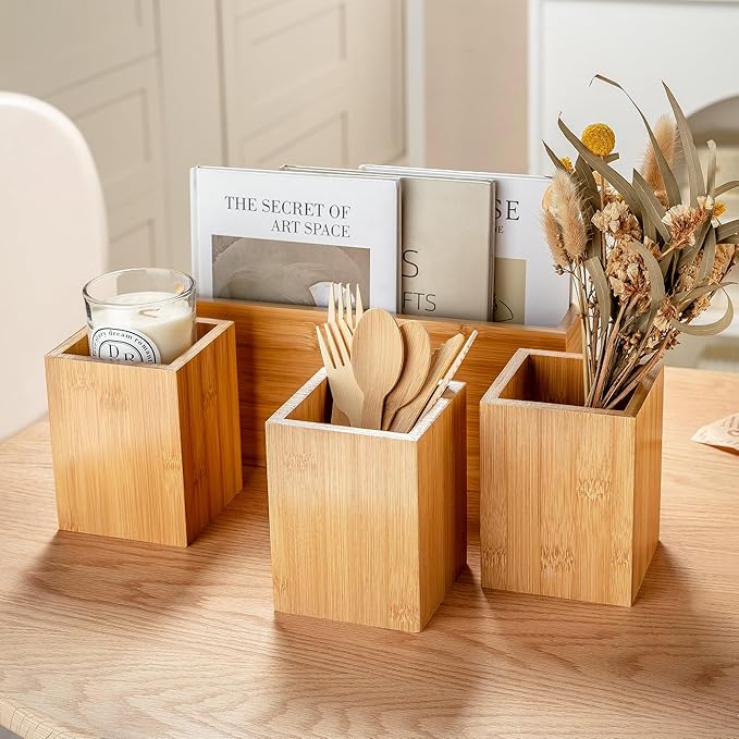 PTSTING Silverware Caddy Wood Holder Paper Plate Dispenser Utensil Caddy Cutlery Flatware Organizer Box for Spoons Forks Plates Napkins