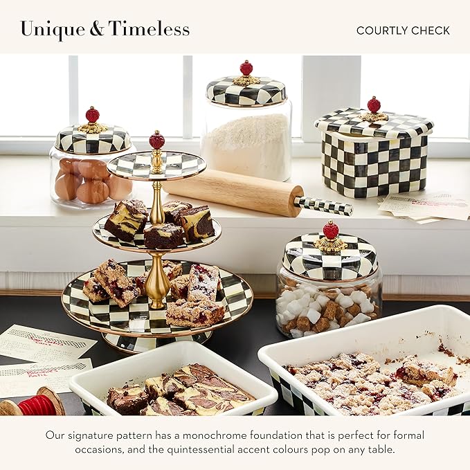 MACKENZIE-CHILDS Enamel Recipe Box, Cute Recipe-Card Box with Lid, Index-Card Holder for Kitchen, Black-and-White Courtly Check