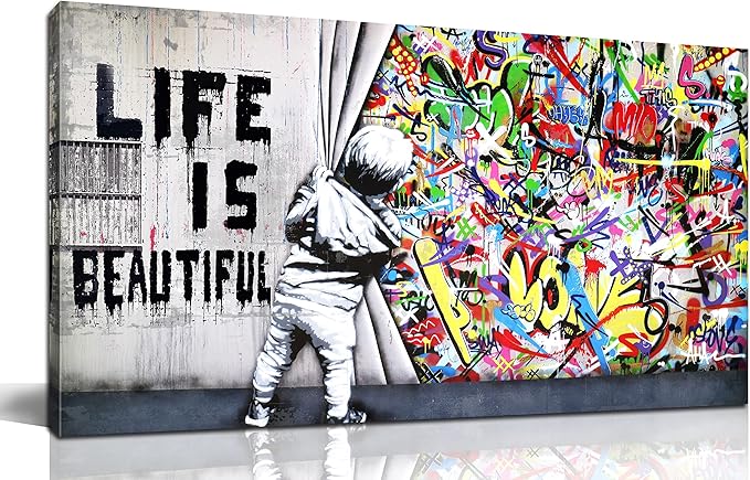 JKWALL77 Colorful Banksy Wall-Art - Graffiti Canvas Wall Art - Large Wall Decor For Living Room Ready To Hang Size 59" x 29"