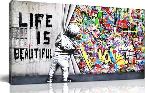 JKWALL77 Colorful Banksy Wall-Art - Graffiti Canvas Wall Art - Large Wall Decor For Living Room Ready To Hang Size 59" x 29"