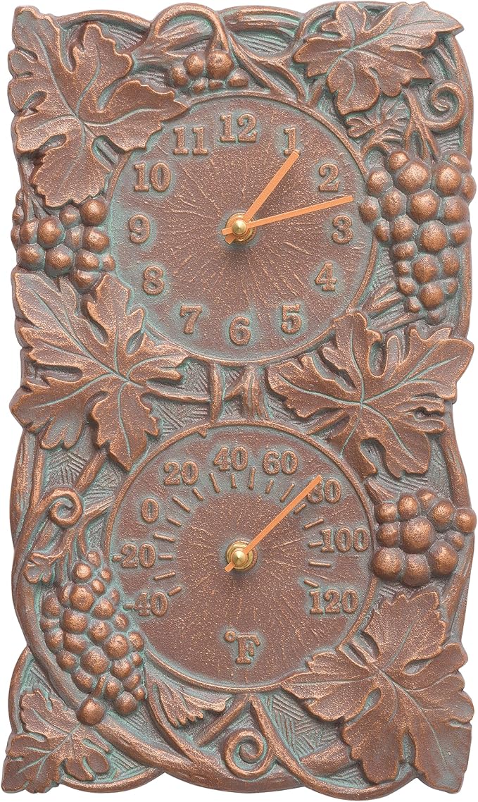 Grapevine Indoor Outdoor Wall Clock & Thermometer Made from Solid cast Aluminum