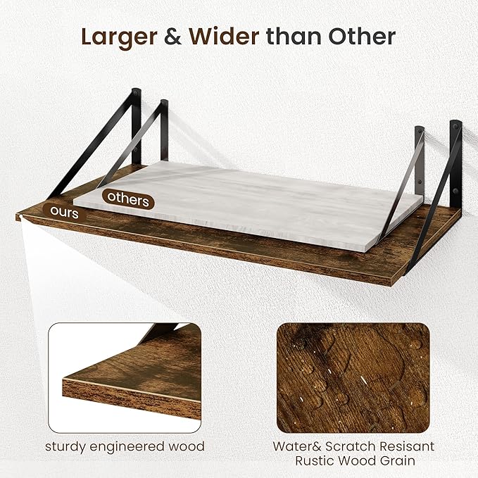 Fun Memories Floating Shelves for Wall, 12 Inch Deep Floating Shelves Set of 2, 16W x 12D Large Wall Shelf with Sturdy Metal Brackets for Living Room, Bathroom, Bedroom and Kitchen, Rustic Brown