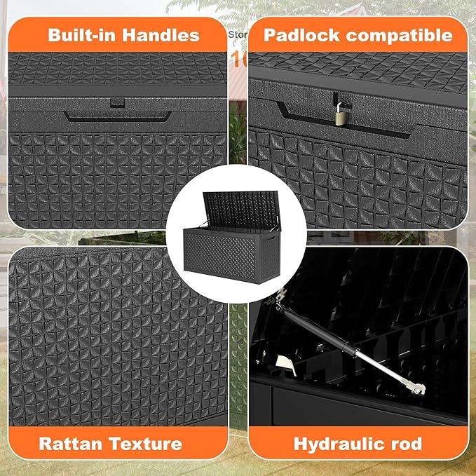 ROJIK Outdoor Storage Housing Deck Box - Waterproof Patio Furniture, Garden Tools, Cushions, Pool Accessories Storage Bench with Lockable Lid and Side Handles (Black pattern,100 Gal)