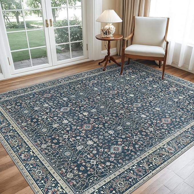 GENIMO Washable Area Rugs for Living Room Bedroom, 6x9 Boho Vintage Non Slip Rug, Low Pile Soft Floral Indoor Floor Carpet Cover for Dining Room Kitchen, Retro Dark Blue