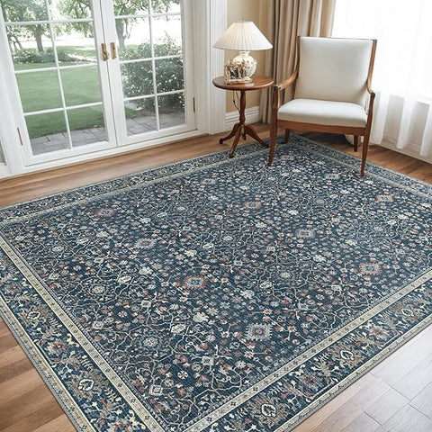 GENIMO Washable Area Rugs for Living Room Bedroom, 6x9 Boho Vintage Non Slip Rug, Low Pile Soft Floral Indoor Floor Carpet Cover for Dining Room Kitchen, Retro Dark Blue