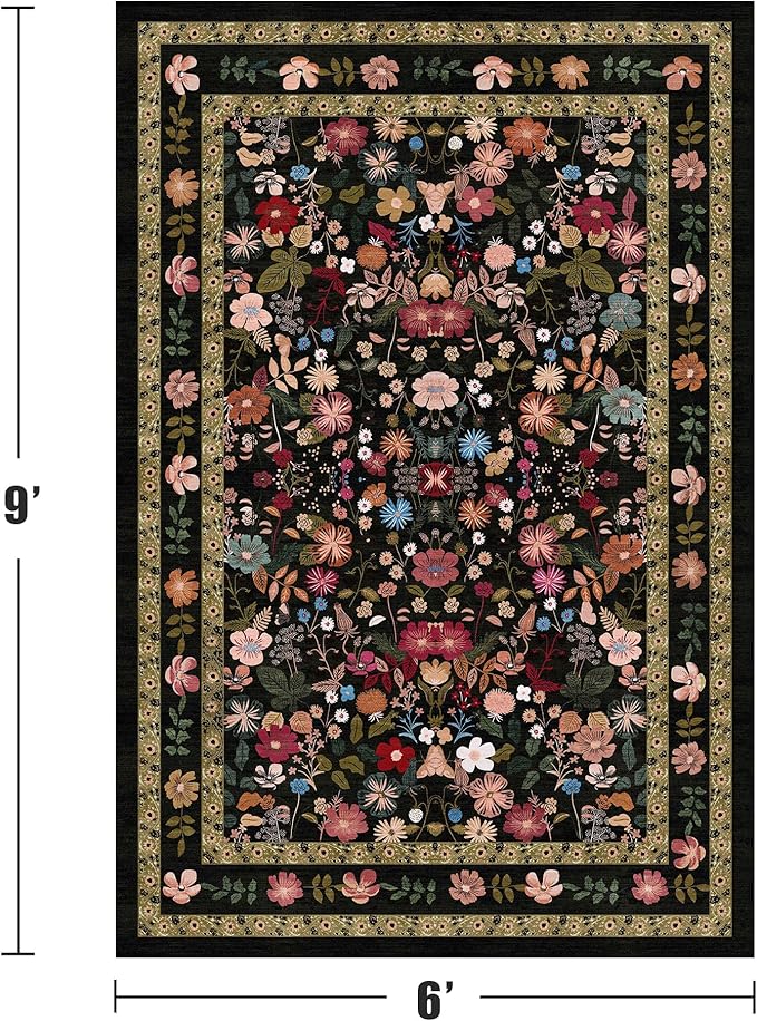 Deerly Floral Area Rug 6x9 for Living Room Vintage Large Washable Non-Slip Bedroom Carpet Soft Low Pile Thin Floor Mat Indoor for Dining Room Playroom Nursery Farmhouse, Black/Multi