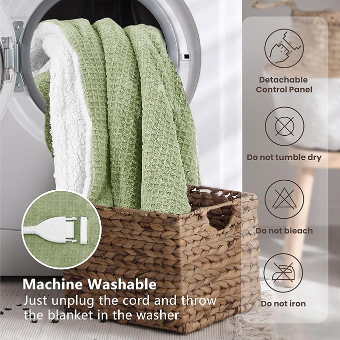 Heated Blanket Electric Blanket Twin Waffle, 62x84 Inches Sherpa Fleece Fast Heating Blanket 6 Heating Levels & 10 Hours Auto Off ETL Certification, Sage Twin