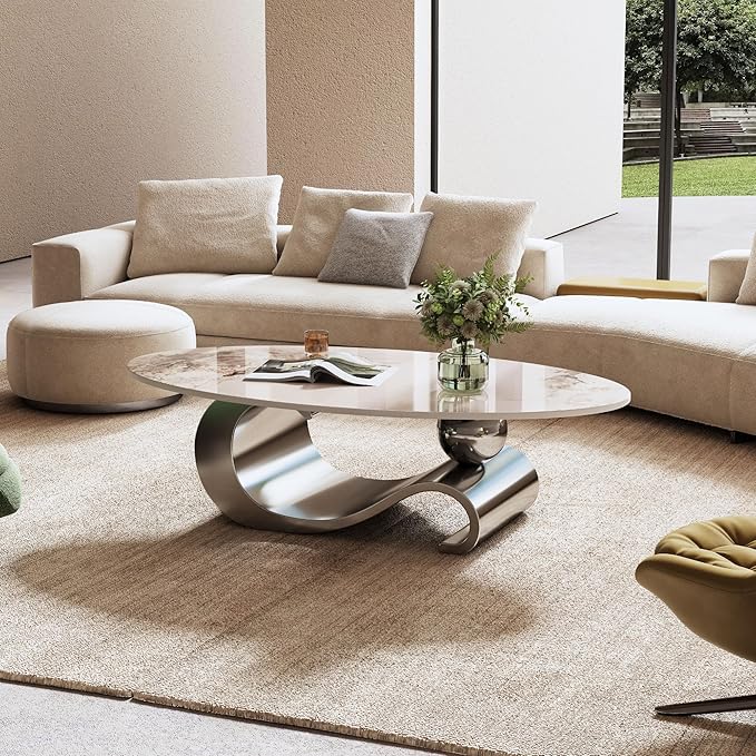 49.2" Oval Marble Coffee Table with Geometric Stainless Steel Base, Modern Sintered Stone Coffee Tables for Living Room, Luxury White Silver Cocktail Center Table Living Room Furniture for Home Decor