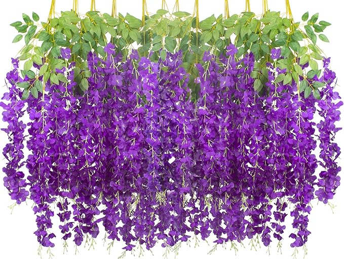 24 Pack Artificial Fake Wisteria Vine Ratta (3.75 Feet) Hanging Garland Silk Flowers String Home Party Wedding Decor (Blue)