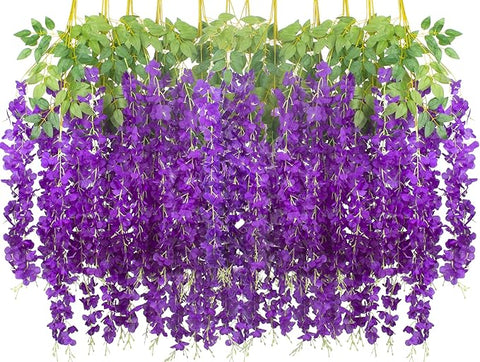 24 Pack Artificial Fake Wisteria Vine Ratta (3.75 Feet) Hanging Garland Silk Flowers String Home Party Wedding Decor (Blue)