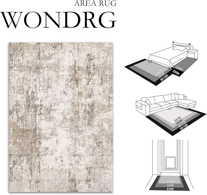10x12 Washable Area Rug Brown Grey Abstract Neutral Living Room Bedroom Large Throw Rug Non Slip Soft Distressed Low Pile Indoor Floor Carpet for Kitchen Office Entryway