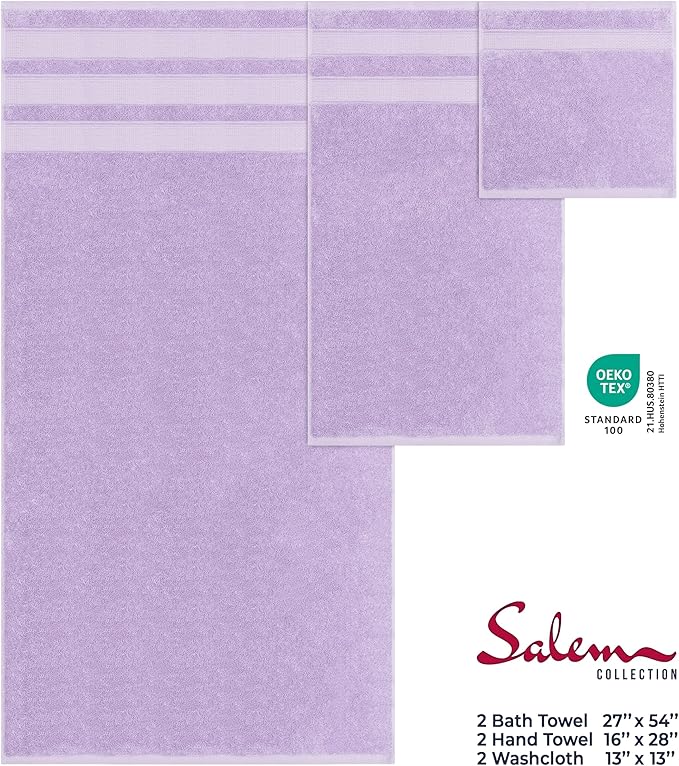 American Soft Linen Salem Turkish Bath Towel Set, 100% Cotton 600 GSM 6 Piece Towels for Bathroom, 2 Bath Towels 2 Hand Towels 2 Washcloths, Lilac