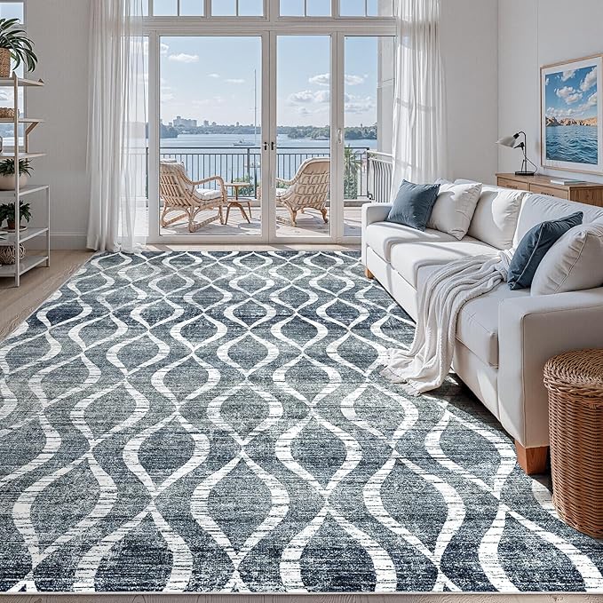 Witshock 9x12 Boho Area Rugs: Washable Non-Slip Geometric Print Pattern Large Thin Indoor Rug for Living Room Bedroom Dining Room, Carpet for Girls Boys Room Playroom Decor, Family Friendly, Dark Blue