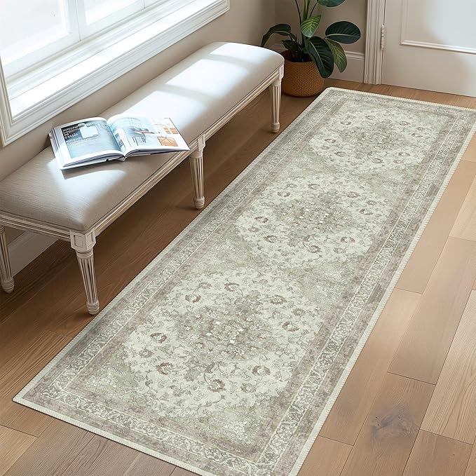 vivorug Runner Rug 2'x8' Vintage Floral Washable Non-Slip Runners for Hallways Kitchen Entryway Laundry Room Carpet Hallway Runner Sage Green