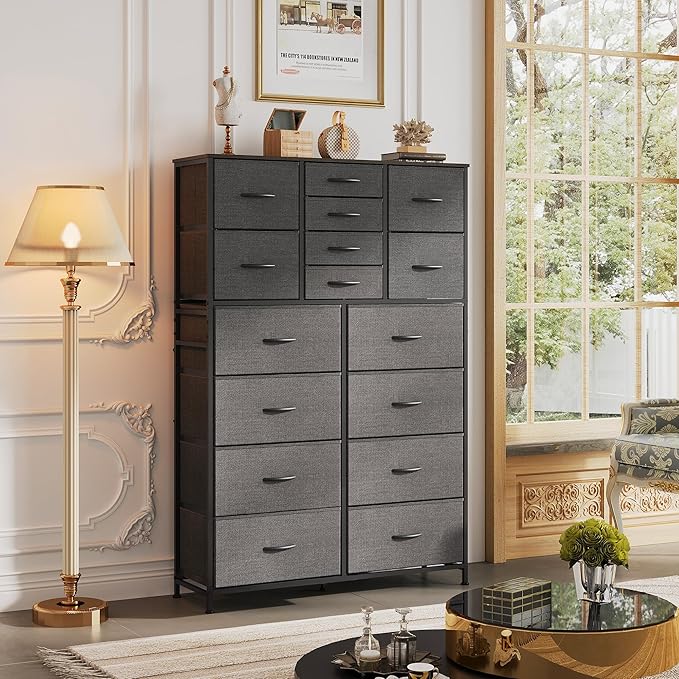 WLIVE Tall Console Table with 16 Fabric Drawers, Entryway Table with Storage, Large Storage Organizer with Wood Top, Steel Frame for Living Room, Hallway, Office, Dark Grey