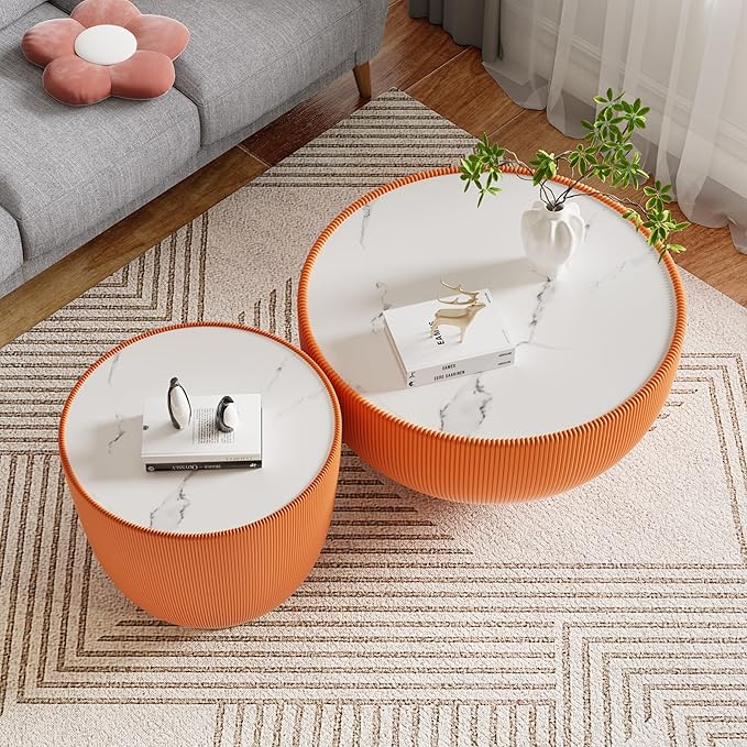 Round Coffee Table Set of 2, 2 Piece Luxury Cup Shape Leather End Tables Living Room Sets, Modern Circle Bedroom Side Tables Set of 2 with PU Leather Sofa Sets for Living Room Bedroom