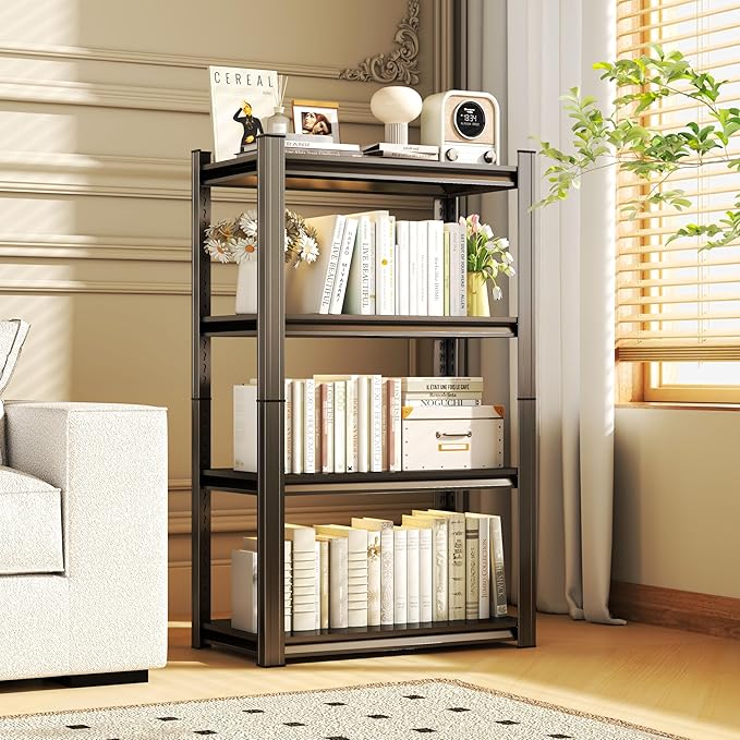 Tall Bookshelf with Open Shelves, Metal Office Book Shelf, Adjustable Organizer Bookcase, Standing Storage Organizer Shelf for Living Room (27.6" W*13.8" D*44" H)