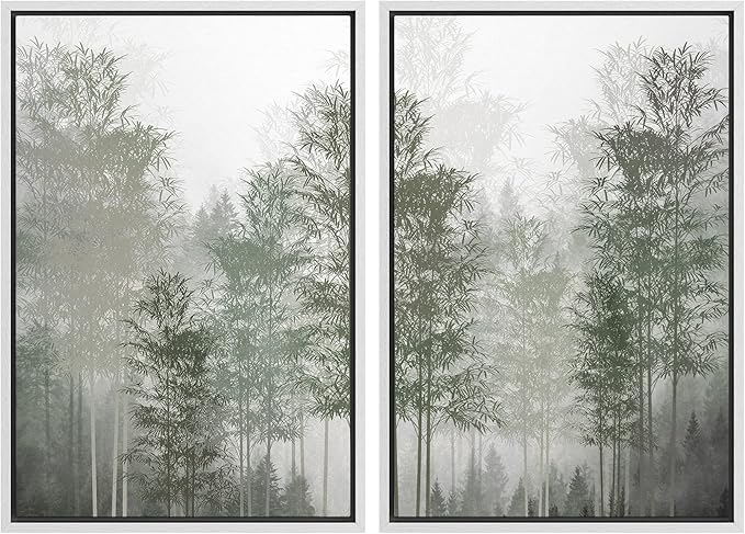 MUDECOR Framed Canvas Print Wall Art Pastel Watercolor Misty Fog Forest Tree Wilderness Nature Illustrations Modern Art Decorative Calm/Relax Multicolor Rustic Minimal for Bedroom - 16"x24"x2 White