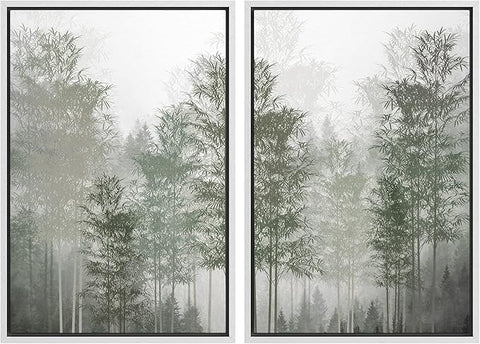 MUDECOR Framed Canvas Print Wall Art Pastel Watercolor Misty Fog Forest Tree Wilderness Nature Illustrations Modern Art Decorative Calm/Relax Multicolor Rustic Minimal for Bedroom - 16"x24"x2 White