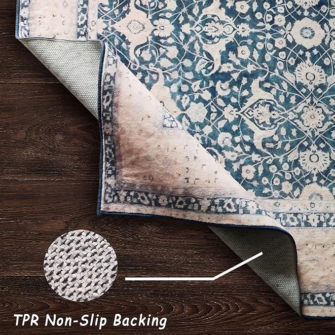vivorug 6x9 Area Rug, Ultra-Soft Washable Rug for Living Room, Dinner Room, Bedroom, Non-Slip Vintage Inspired Blue Rug, Indoor Carpet Large Area Rug