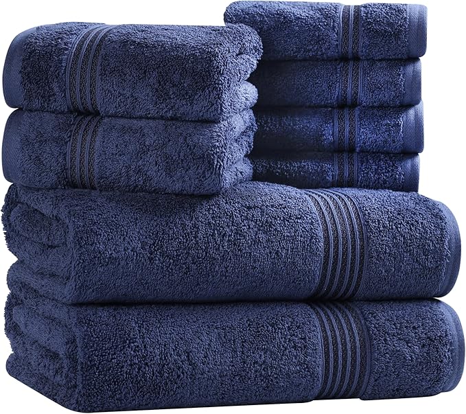 Superior Egyptian Cotton 8-Piece Towel Set, Assorted Towels for Home Bathroom, Master, Guest Bath, Decor Essentials, Includes 2 Bath, 2 Hand, 4 Face Towels/Washcloths, Quick Dry, Absorbent, Navy Blue
