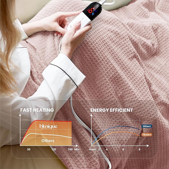 Heated Blanket Electric Throw Waffle, 50x60 Inches Sherpa Fleece Fast Heating Blanket 6 Heating Levels & 4 Hours Auto Off ETL Certification, Pink Throw
